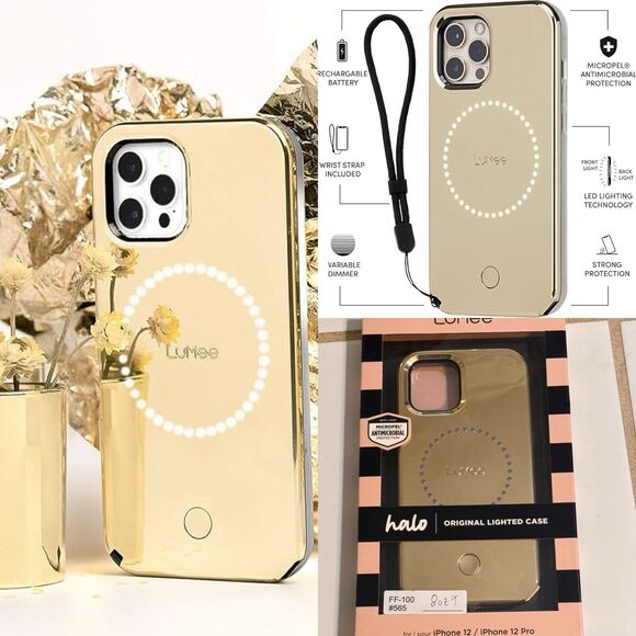LuMee x Paris Hilton Halo Lighted Phone Case iPhone 12/ 12 Pro Gold Metallic NIB - Picture 1 of 7